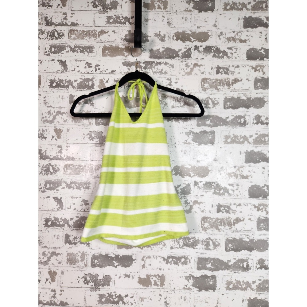 Vintage Y2k Halter Top Medium Green Striped Knit Summer Resortwear Beach Coastal - Picture 1 of 10